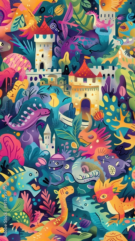 Fototapeta premium A vibrant landscape with whimsical creatures and a castle amidst colorful foliage and flowers