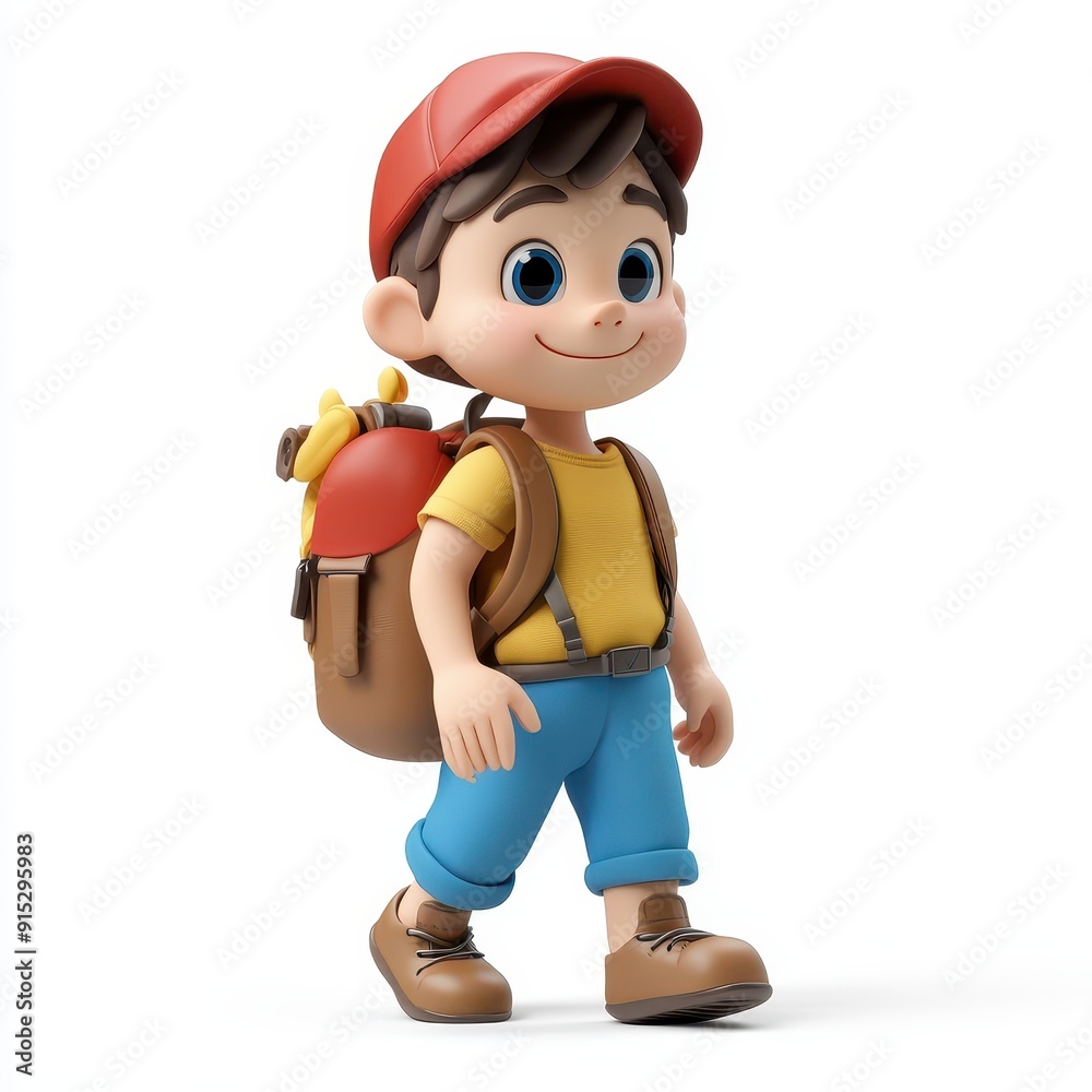 Cartoon character walking with a backpack in a cheerful outdoor setting Cartoon character walking with a backpack in a cheerful outdoor setting