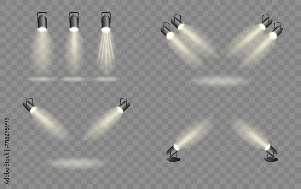 Spotlights set, stage and studio light, realistic hanging lamps. Spot lights and searchlights for concert. Vector