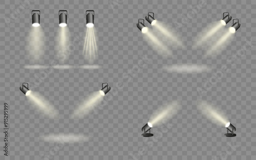 Spotlights set, stage and studio light, realistic hanging lamps. Spot lights and searchlights for concert. Vector