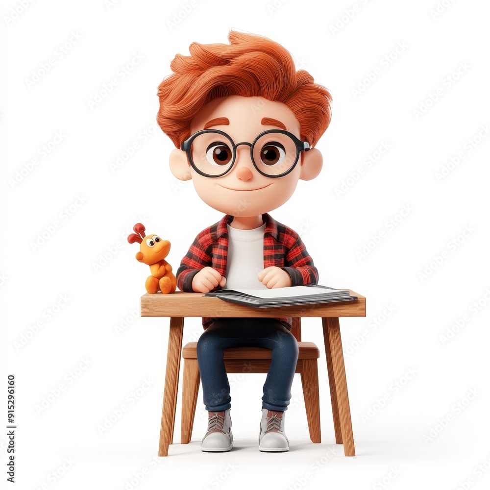 Cartoon character studying at a wooden desk in a classroom setting Cartoon character studying at a wooden desk in a classroom setting