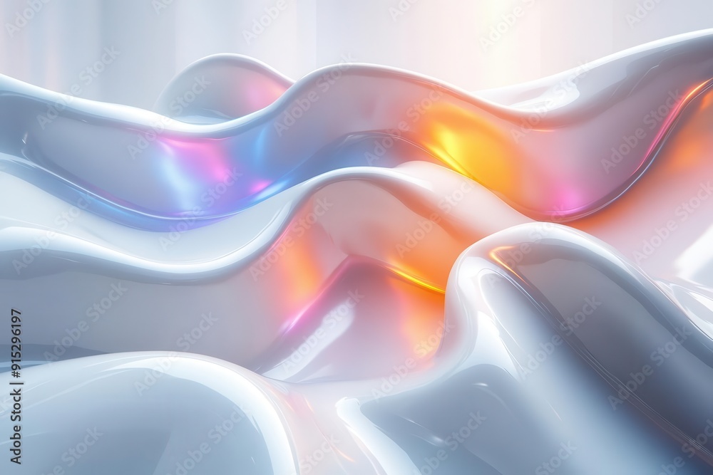 Naklejka premium futuristic holographic surface with iridescent ripples abstract white backdrop showcasing rainbow reflections sleek minimalist aesthetic with dynamic light play