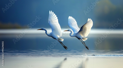 Birds like herons or ducks taking off or landing on a lake or river, capturing their movement and reflection on the water photo