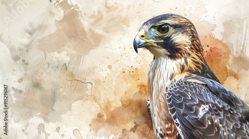 A beautiful watercolor painting of a peregrine falcon, showcasing intricate details of its feathers and intense gaze.