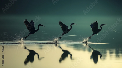 Birds like herons or ducks taking off or landing on a lake or river, capturing their movement and reflection on the water photo