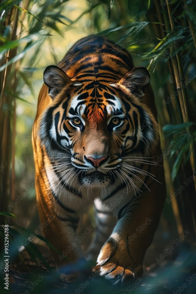 Stealthy Tiger in the Jungle - A powerful tiger moves stealthily through dense jungle foliage, its intense gaze focused ahead, embodying strength and grace. Stealthy Tiger in the Jungle - A powerful tiger moves stealthily through dense jungle foliage, its intense gaze focused ahead, embodying strength and grace.