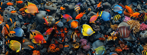 Vibrant Marine Life Composition: Clownfish, Angelfish, and Coral Reefs. Underwater Symphony: A Vibrant Coral Reef Tapestry. photo