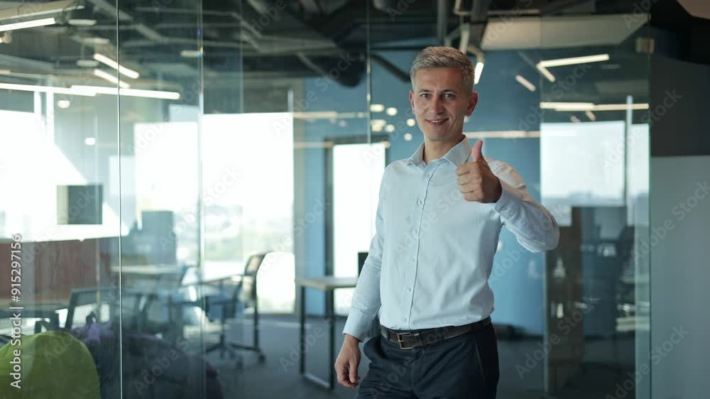 Happy businessman in his 40s gives a thumbs up in a modern office environment. Happy businessman in his 40s gives a thumbs up in a modern office environment.
