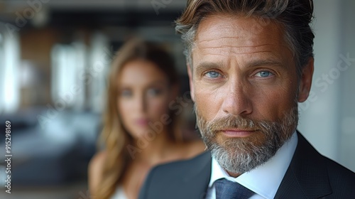 A well-dressed man with a beard stands confidently while a woman gazes thoughtfully in the background during golden hour indoors