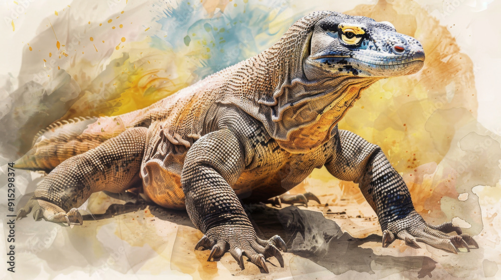 Obraz premium Realistic watercolor painting of a Komodo dragon, highlighting its textured skin and powerful presence in a natural setting.