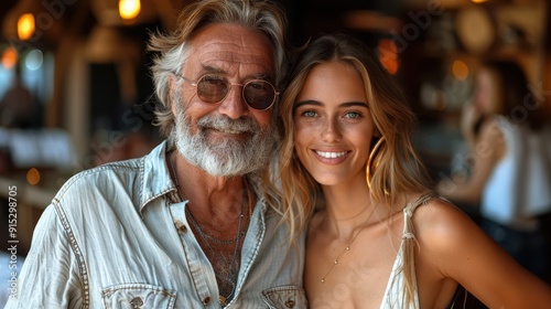 A smiling man with a beard poses with a young woman in a cozy restaurant during the evening