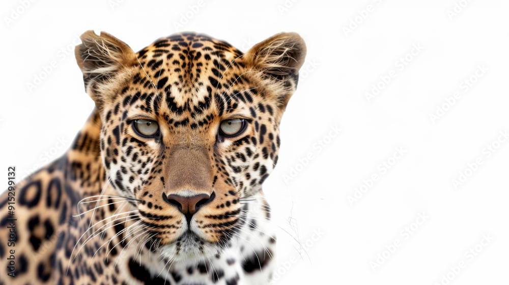 Close-up portrait of a leopard against a white background, highlighting its intense gaze and distinctive spots. Close-up portrait of a leopard against a white background, highlighting its intense gaze and distinctive spots.