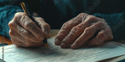Close-up of an old man's hand studying and signing his last will and testament. Last will and testament concept