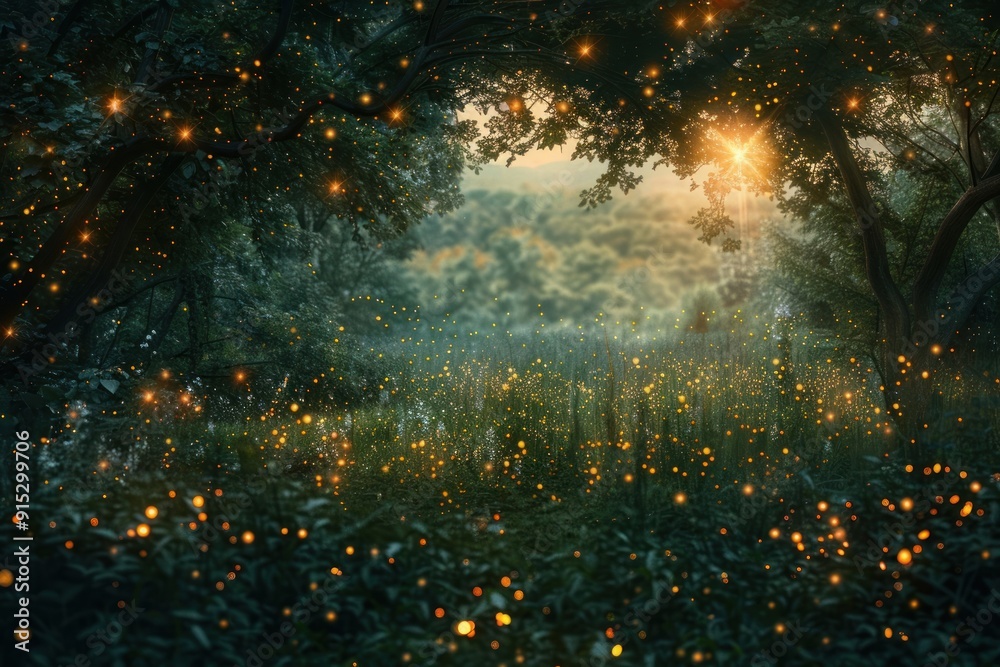 Naklejka premium Magical forest with glowing fireflies
