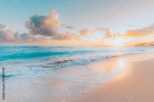 A tranquil beach at sunrise, soft light rays breaking through morning clouds, casting golden hues on gentle waves and pristine sand, creating a peaceful and rejuvenating mood