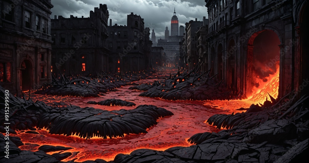 lava magma river flowing through destroyed city buildings in dark molten brimstone hellscape. post apocalyptic hell town ruins. lava magma river flowing through destroyed city buildings in dark molten brimstone hellscape. post apocalyptic hell town ruins.
