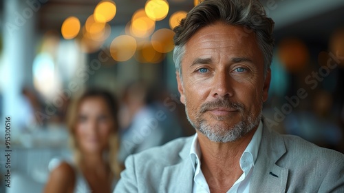 A confident man with salt-and-pepper hair smiles warmly at a bustling restaurant during a lively dinner gathering