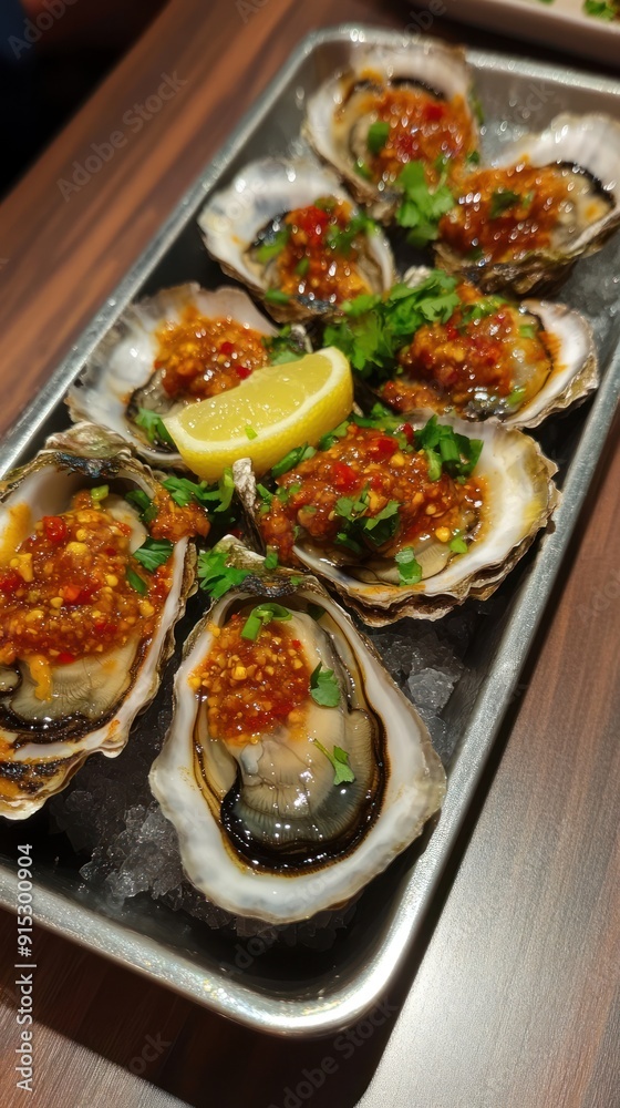 Fresh Oysters on Ice with Lemon Garnish - A tray of fresh oysters on ice, garnished with lemon slices and vibrant herbs, ready to be served as a gourmet seafood dish. Fresh Oysters on Ice with Lemon Garnish - A tray of fresh oysters on ice, garnished with lemon slices and vibrant herbs, ready to be served as a gourmet seafood dish.