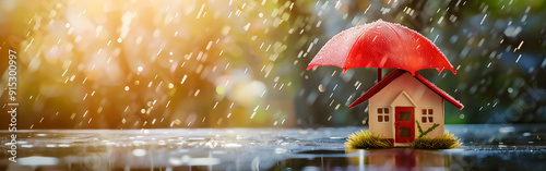 Charming Miniature Red House with Umbrella in Rain Nature and Seasonal Themes photo