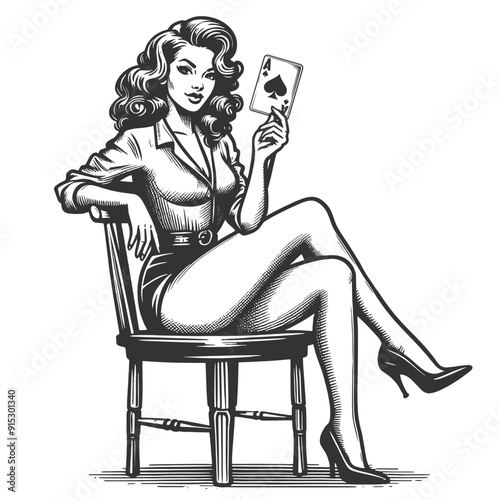 pin-up girl displaying an Ace of Spades card, symbolizing luck and strategy sketch engraving generative ai fictional character vector illustration. Scratch board imitation. Black and white image.