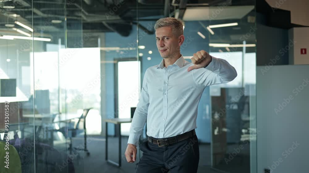 A businessman in an office setting gives a thumbs down gesture, indicating disapproval or disagreement. Executive waving head no gesture disapproval negative result sign discontent A businessman in an office setting gives a thumbs down gesture, indicating disapproval or disagreement. Executive waving head no gesture disapproval negative result sign discontent