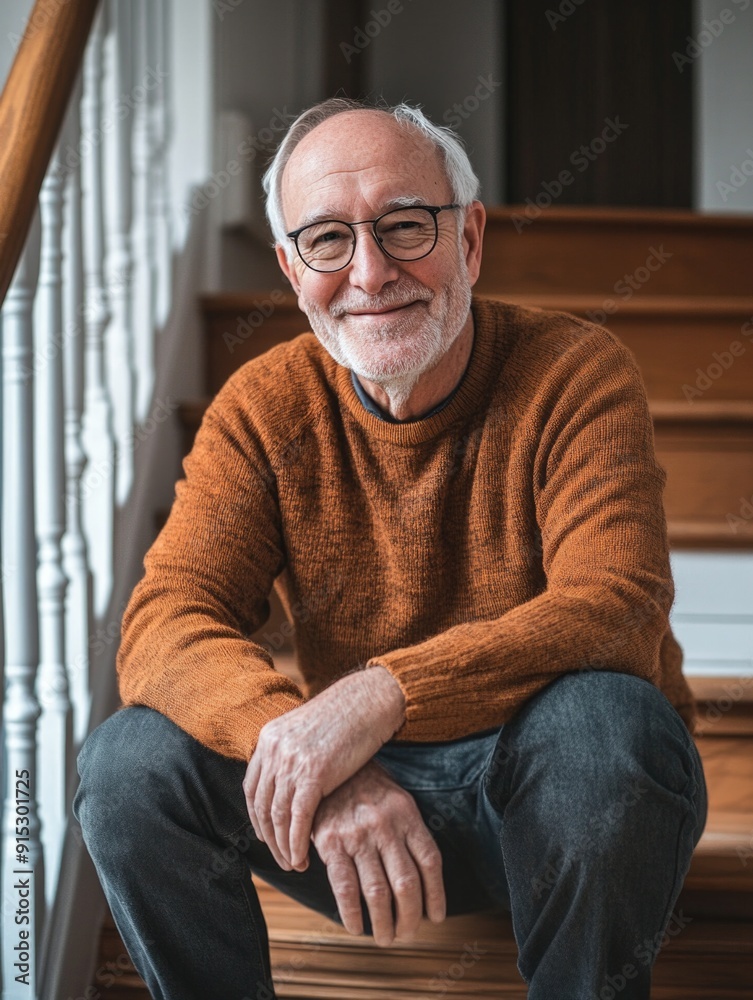 Older man sitting on a staircase, great for lifestyle or family scenes Older man sitting on a staircase, great for lifestyle or family scenes
