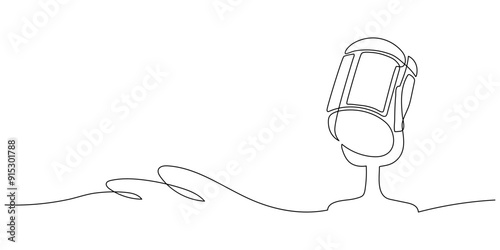 A line of podcast and music microphones. Vintage old microphone in simple linear style for banner music, news, webinar, online training. Doodle vector illustration