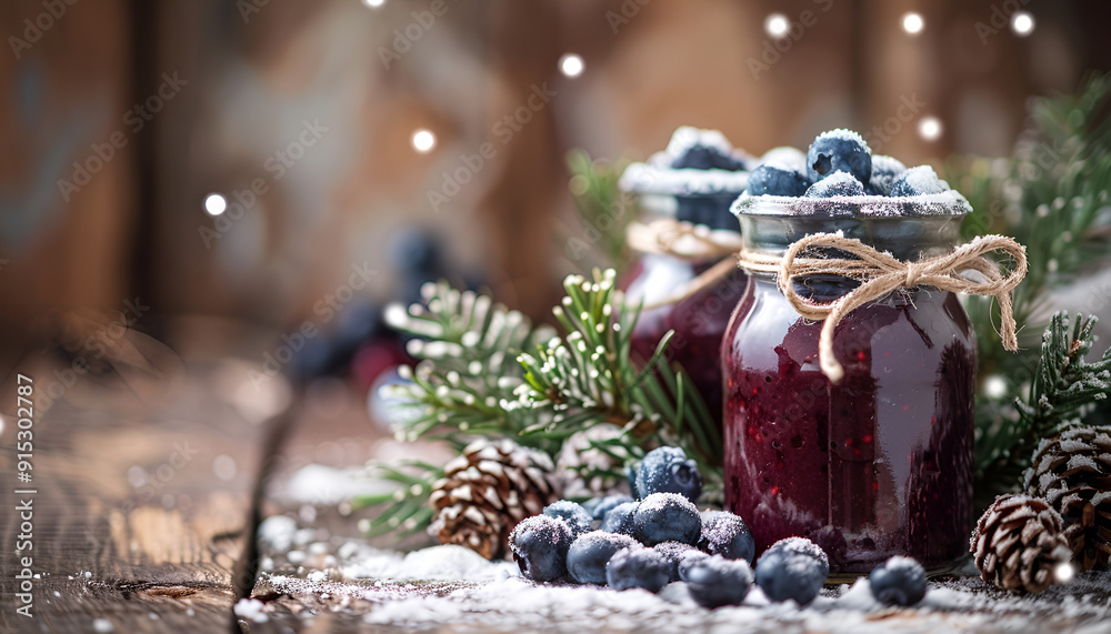 Winter blueberry sauce in glass jars with fresh blueberries, decorated fir branches and snow on the old wooden background Winter blueberry sauce in glass jars with fresh blueberries, decorated fir branches and snow on the old wooden background