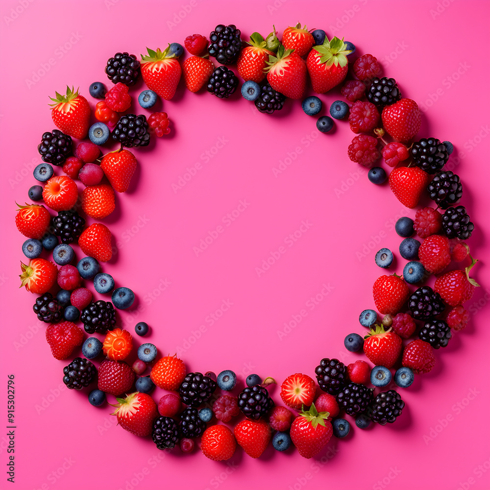 Frame with fresh berries on pink background, top view, copy space Frame with fresh berries on pink background, top view, copy space