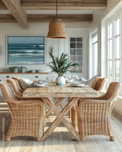 A coastal dining room with a beachy vibe photo