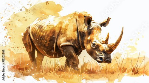 Artistic watercolor painting of a rhinoceros standing in a grassy field, showcasing vibrant colors and intricate details. photo