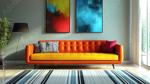 A contemporary living room with bold colors