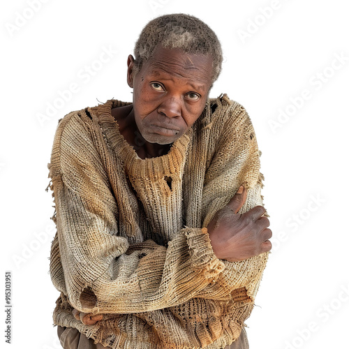 Front view mid body shot of a extremely ugly homeless African woman in dirty and torn sweater & trousers looking very sad, isolated on a white transparent background photo