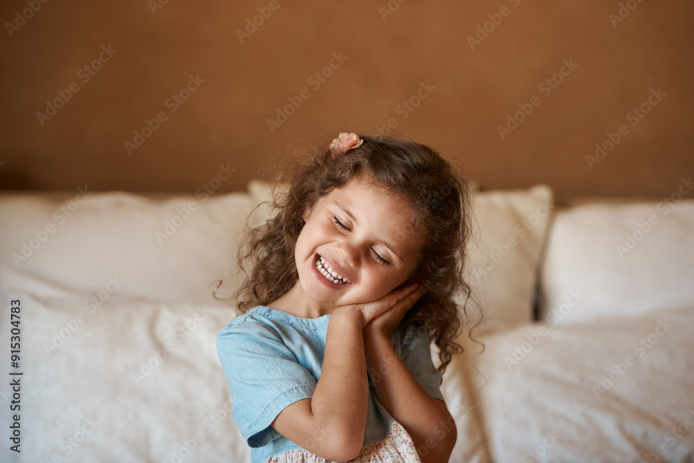 Girl, child and eyes closed with play in bedroom with sign for sleep, comic game and smile in family house. Kid, happy and excited on bed for funny memory in morning at apartment in New Zealand Girl, child and eyes closed with play in bedroom with sign for sleep, comic game and smile in family house. Kid, happy and excited on bed for funny memory in morning at apartment in New Zealand