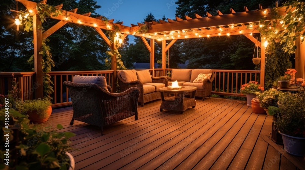 Cozy Evening on a Deck with String Lights and a Fire Pit Cozy Evening on a Deck with String Lights and a Fire Pit