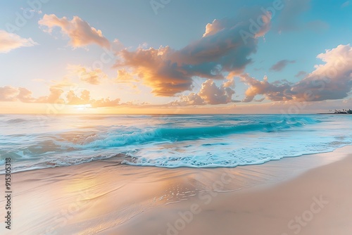 A tranquil beach at sunset, soft light rays breaking through colorful clouds, casting golden hues on gentle waves and pristine sand, creating a peaceful and rejuvenating mood photo