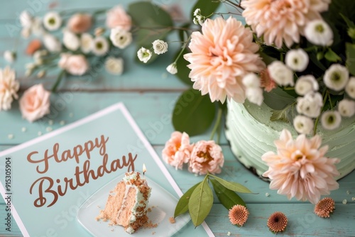 Elegant Floral Collage: A sophisticated collage featuring photos of beautiful flowers, delicate decorations, and a birthday cake. The text "Happy Birthday" is written in elegant cursive font