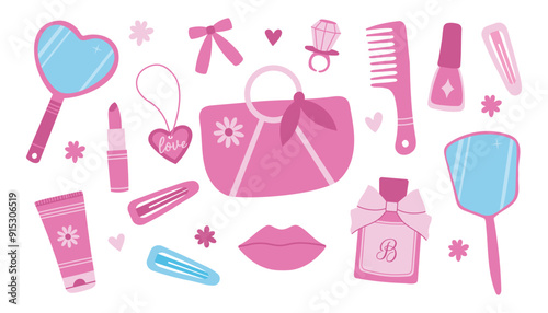 Pink doll trendy set with cosmetics and hair accessories. Glamorous fashion pink girl collection. Cartoon vector illustration