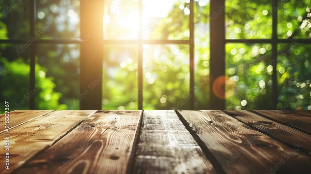 Wooden table with blurred summer window background Wooden table with blurred summer window background