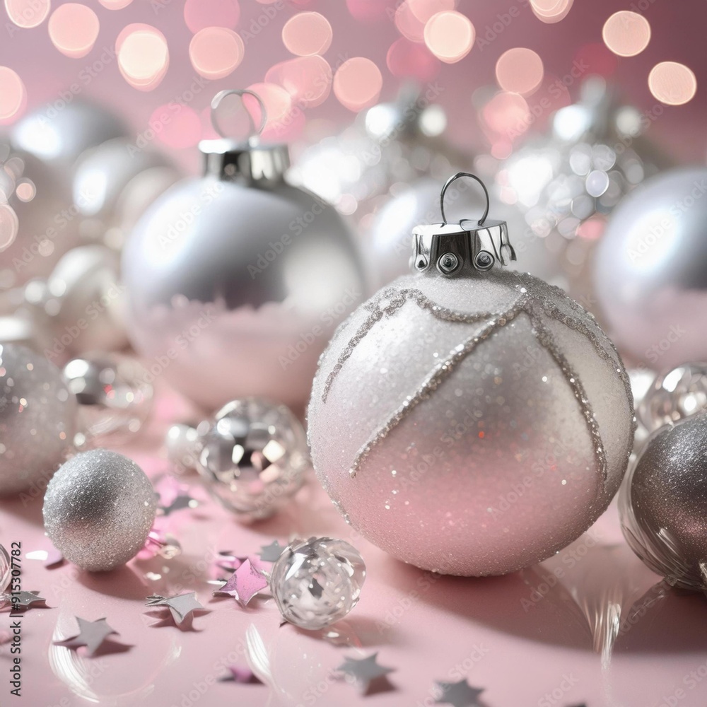 Many silver and silver ornaments on a pink surface, Christmas background Many silver and silver ornaments on a pink surface, Christmas background