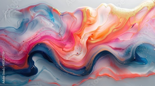 Colorful abstract painting showcasing swirling patterns and vibrant hues on a smooth canvas background in natural light