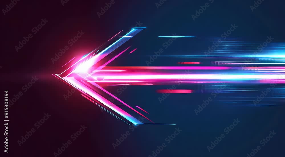 Bright arrow with neon blue and pink lights pointing left, symbolizing direction or movement. Bright arrow with neon blue and pink lights pointing left, symbolizing direction or movement.