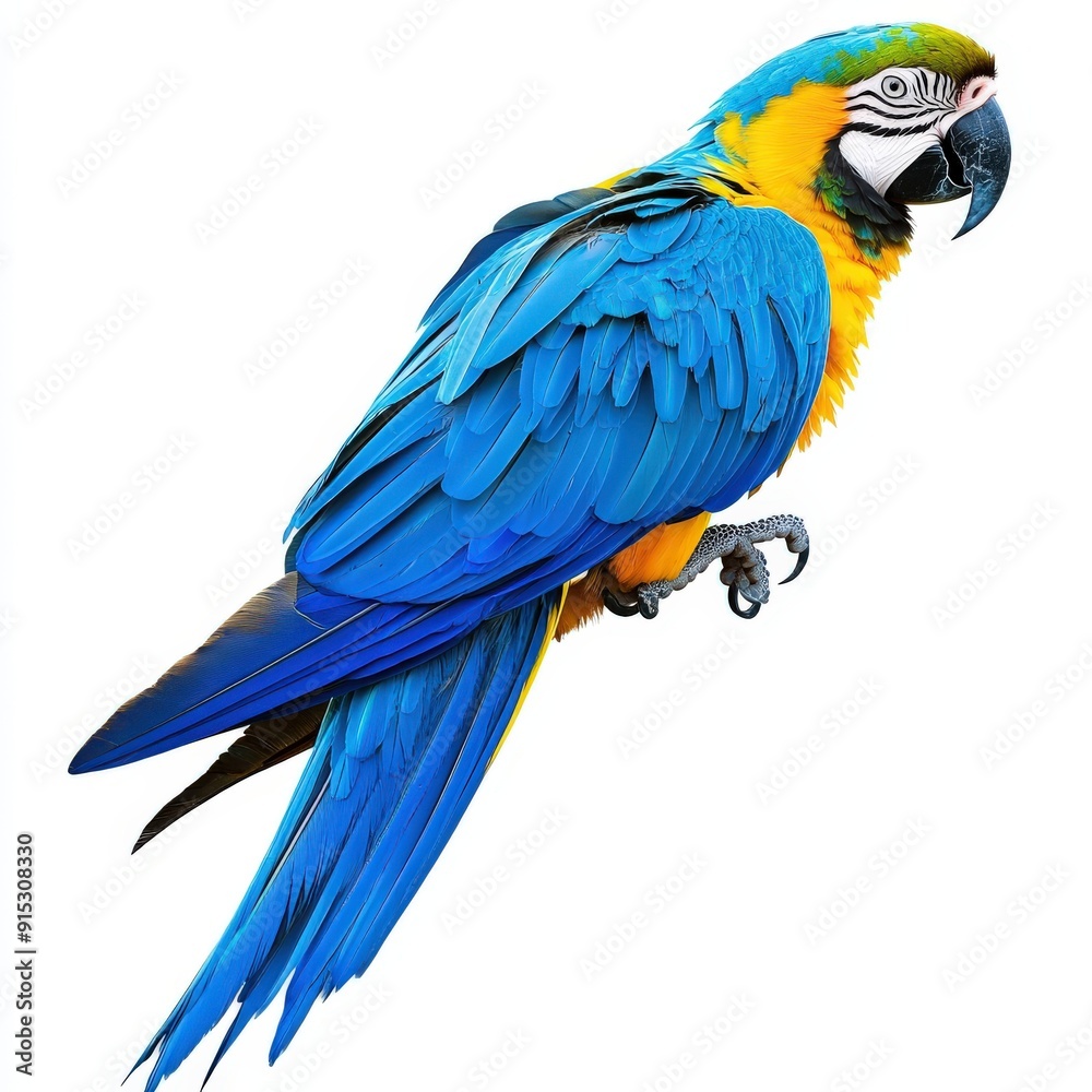 Fototapeta premium A Blue and Yellow Macaw Perched on a White Background