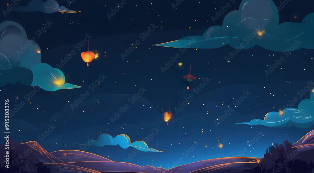 Night sky filled with glowing lanterns floating among the stars, mountains in the distance. Night sky filled with glowing lanterns floating among the stars, mountains in the distance.
