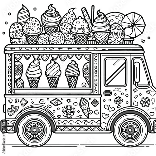 Ice cream truck with colorful designs coloring page outline vector