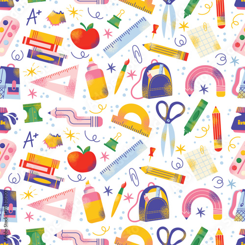 Seamless pattern with school supplies and education. Back to school kids education concept. Backpack, book, paints, ruler, pencil, brushes. Vector illustration isolated on background