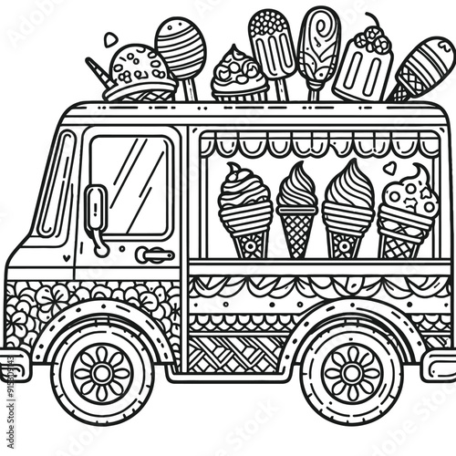 Ice cream truck with colorful designs coloring page outline vector