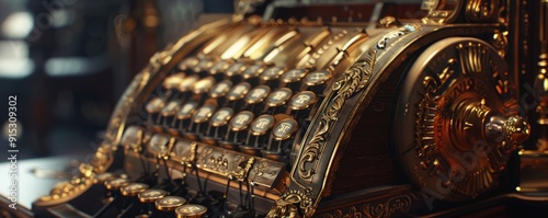 Antique cash register with brass details, 4K hyperrealistic photo photo