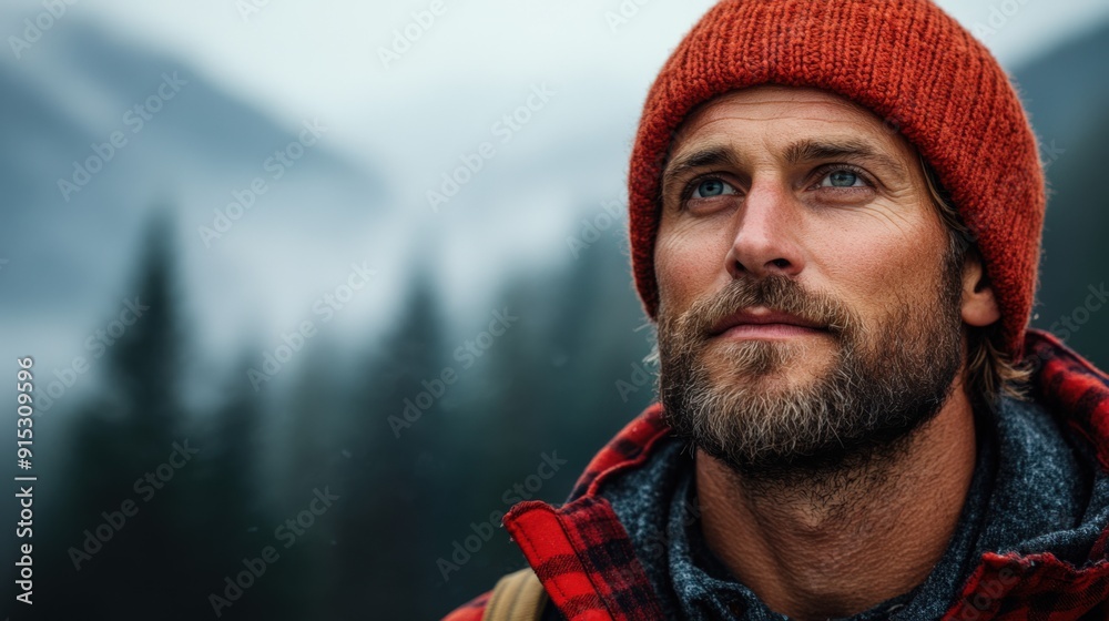 Portrait of a pensive bearded man in nature in the woods Portrait of a pensive bearded man in nature in the woods