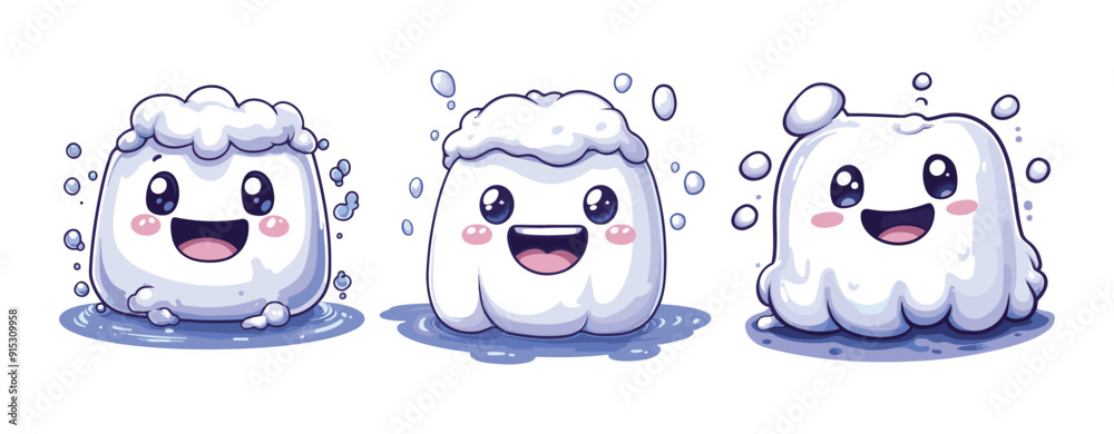 Smiling, white, blob with large eyes, sitting in water cartoon illustration, generative ai Smiling, white, blob with large eyes, sitting in water cartoon illustration, generative ai